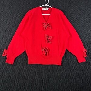 Marisa Christina Red Angora Rabbit Hair Blend V-Neck Bow Sequin Sweater M75